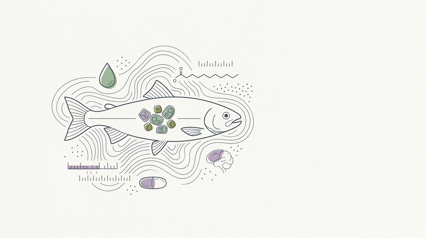 Abstract cream-and-slate line illustration on Kokorology paper, drawn for Omega-3 market webinar flags science, supply challenges