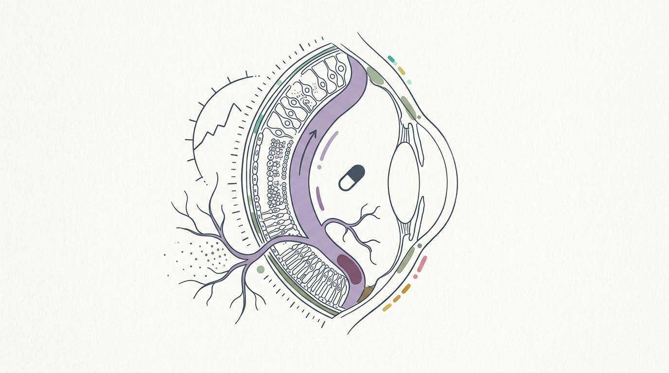 Abstract cream-and-slate line illustration on Kokorology paper, drawn for Oral drug protects against diabetic retinopathy vascular damage