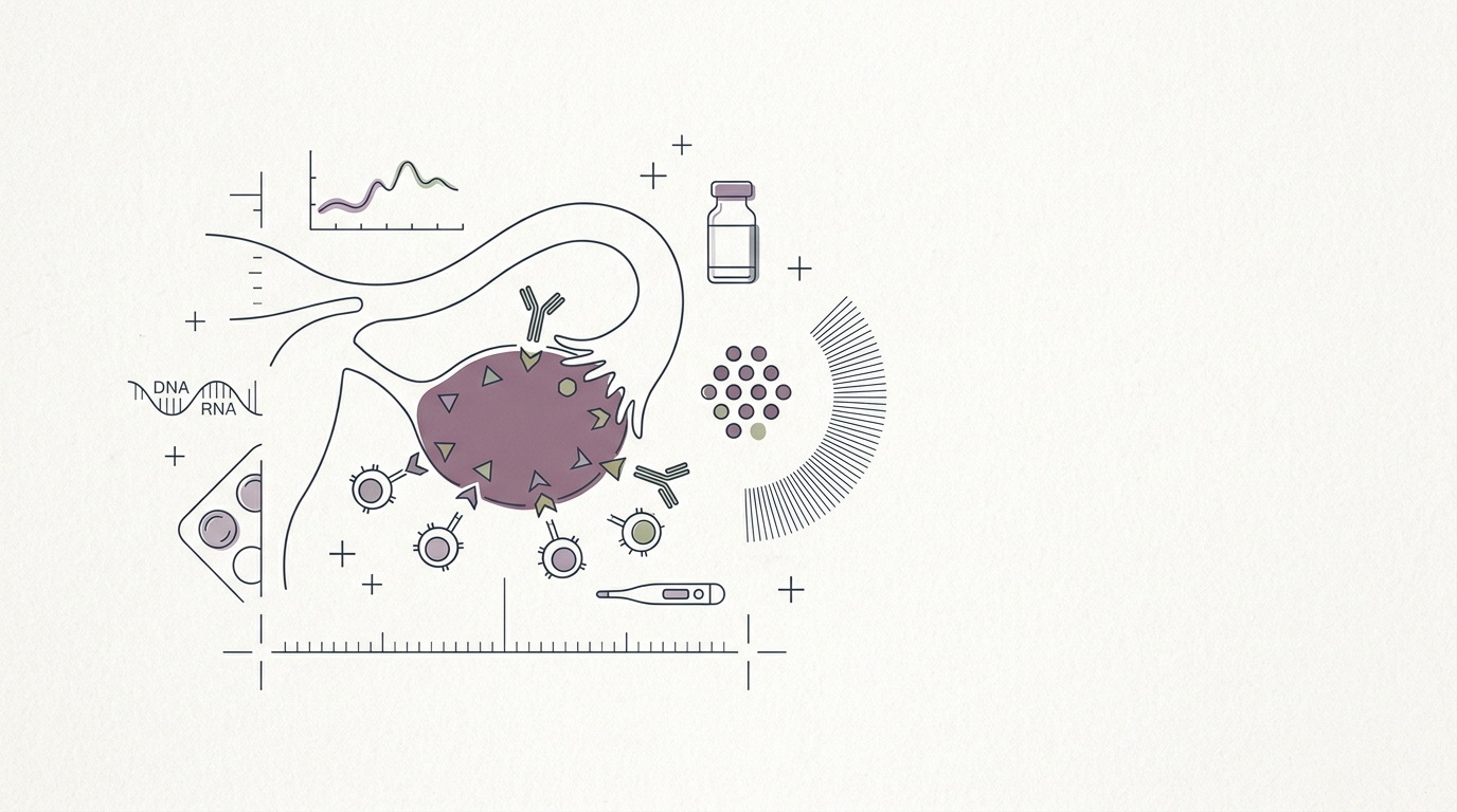 Abstract cream-and-slate line illustration on Kokorology paper, drawn for Personalized cancer vaccine shows promise for ovarian cancer