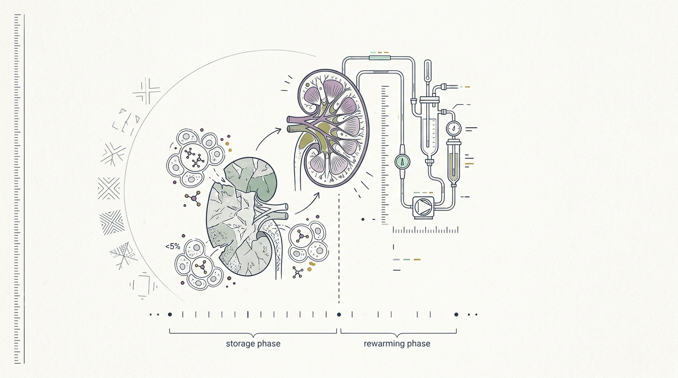 Abstract cream-and-slate line illustration on Kokorology paper, drawn for Pig kidneys frozen for a year revived, could lead to human organ banking