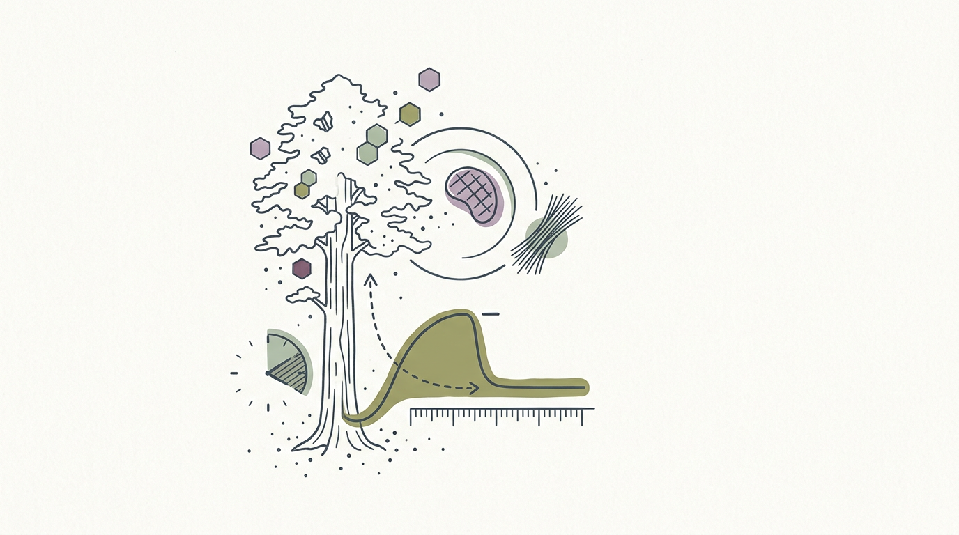 Abstract cream-and-slate line illustration on Kokorology paper, drawn for Redwood trees slow photosynthesis in heat, affecting global carbon