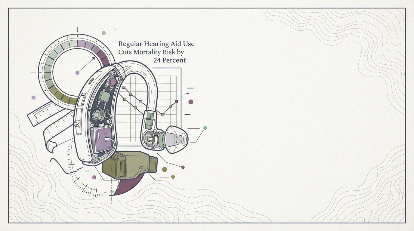 Abstract cream-and-slate line illustration on Kokorology paper, drawn for Regular Hearing Aid Use Cuts Mortality Risk by 24 Percent