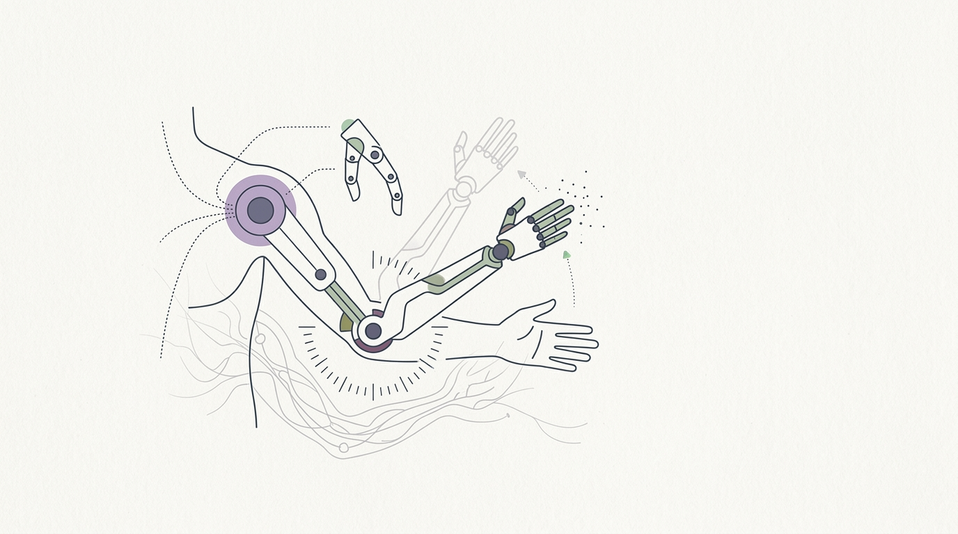 Abstract cream-and-slate line illustration on Kokorology paper, drawn for Researchers test wearable robotic limbs for enhanced human function