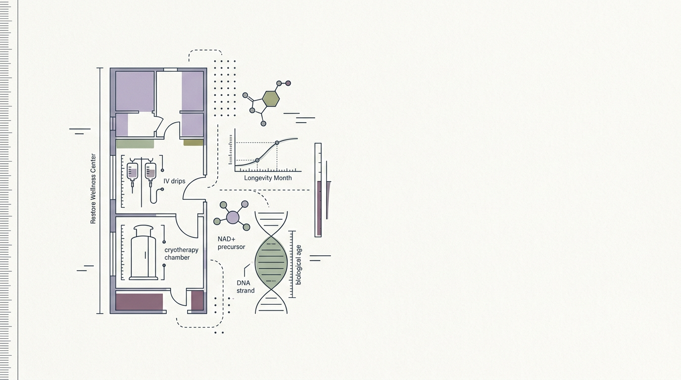 Abstract cream-and-slate line illustration on Kokorology paper, drawn for Restore, Niagen Bioscience launch Longevity Month