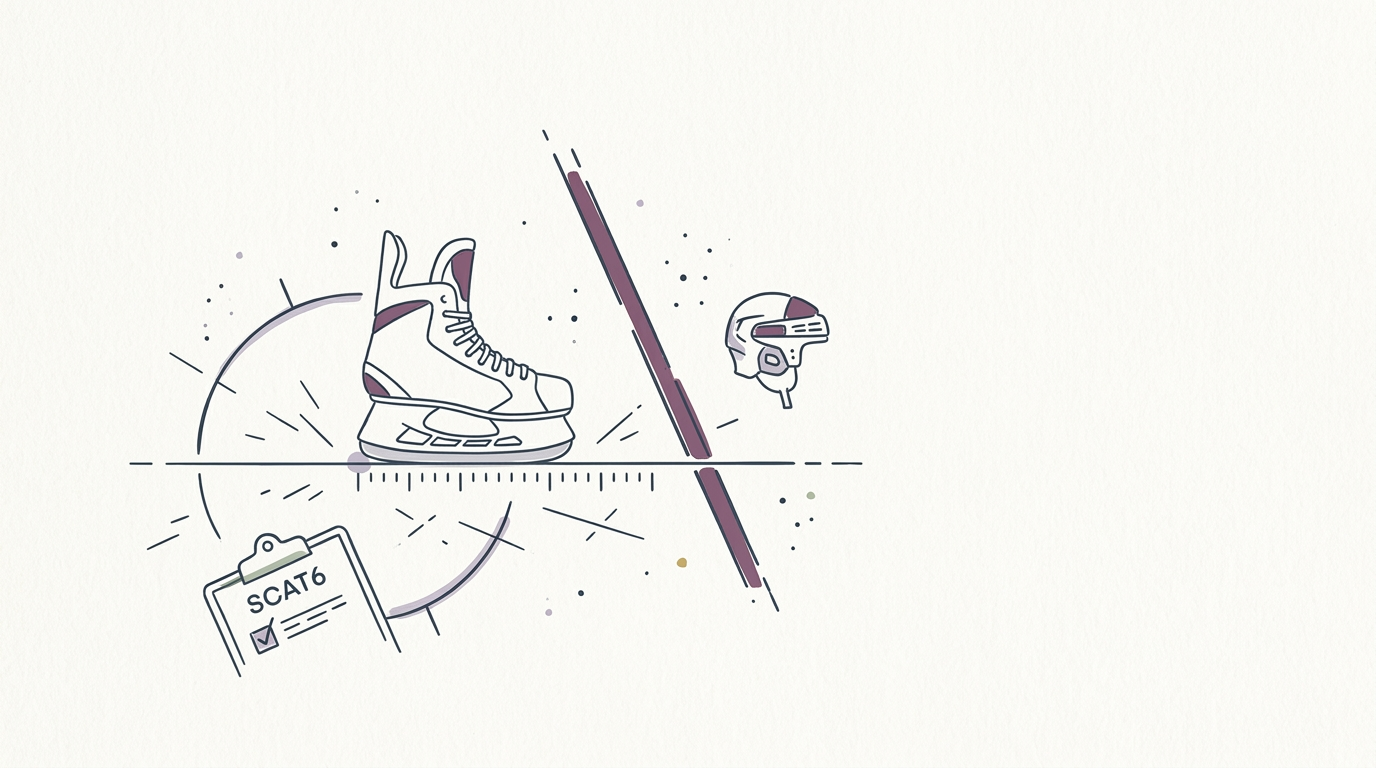 Abstract cream-and-slate line illustration on Kokorology paper, drawn for SCAT6 concussion test reliably measures hockey gait on skates