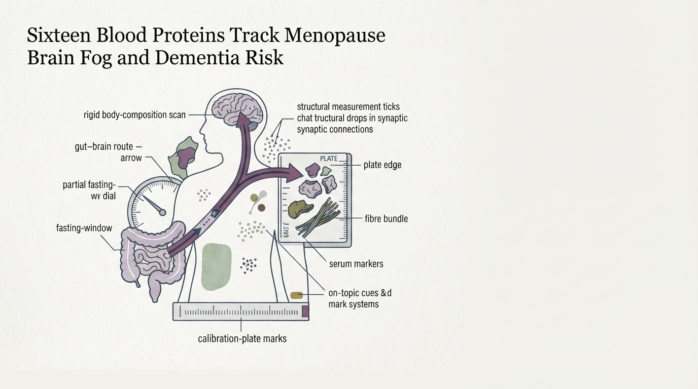 Abstract cream-and-slate line illustration on Kokorology paper, drawn for Sixteen Blood Proteins Track Menopause Brain Fog and Dementia Risk