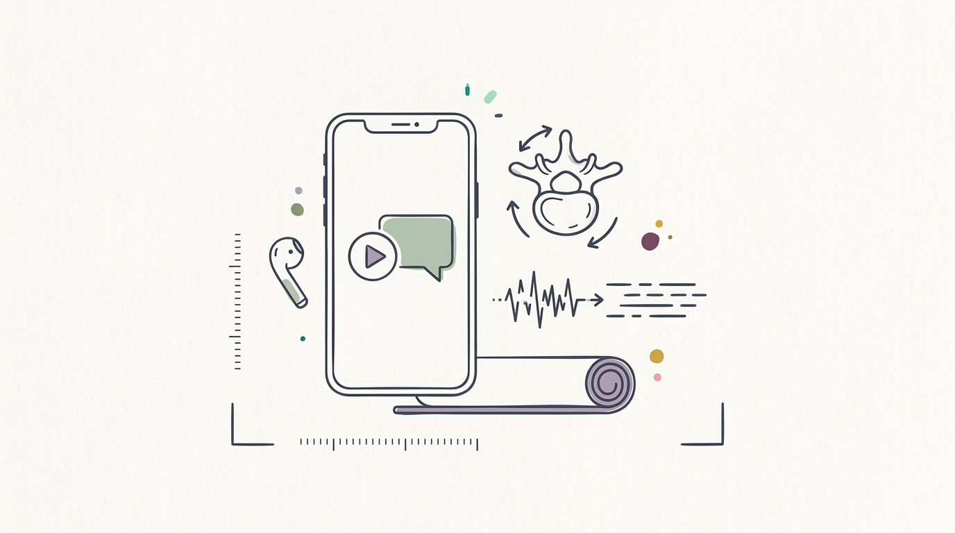 Abstract cream-and-slate line illustration on Kokorology paper, drawn for Small Wins launches 14-day audio physiotherapy via WhatsApp
