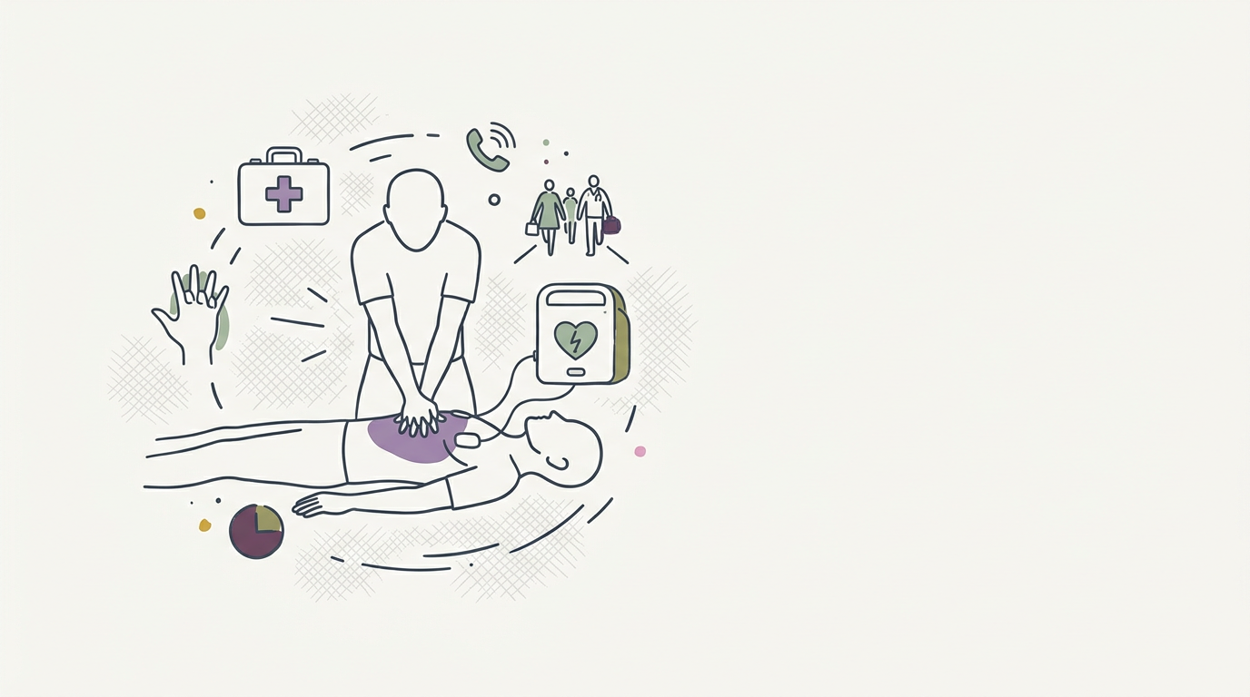 Abstract cream-and-slate line illustration on Kokorology paper, drawn for Spain's CPR plan urges public education to prevent cardiac arrest consequences