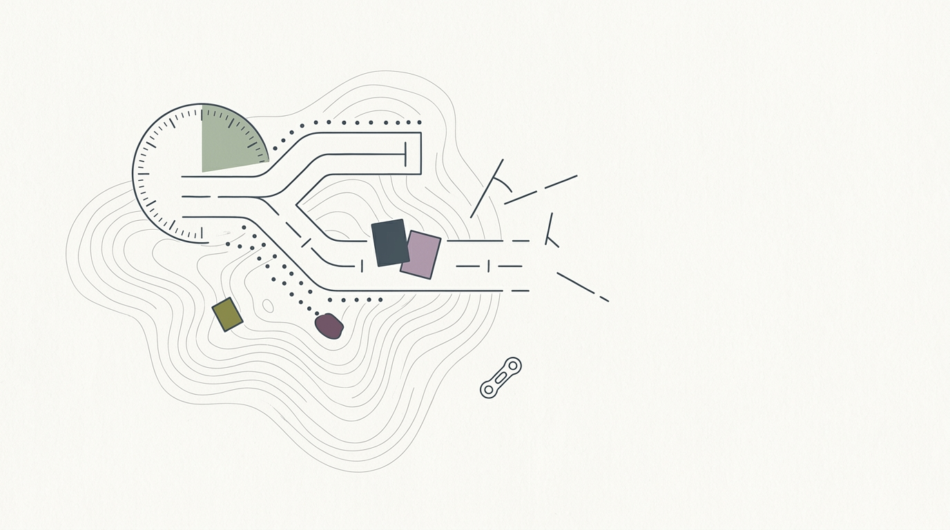 Abstract cream-and-slate line illustration on Kokorology paper, drawn for Spin bike guides are still focused on gear, not goals