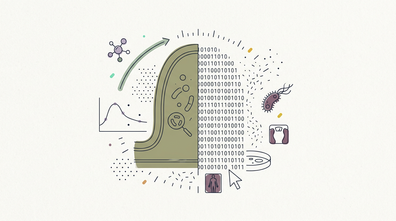 Abstract cream-and-slate line illustration on Kokorology paper, drawn for Startup models gut microbiome with 'digital twin' AI