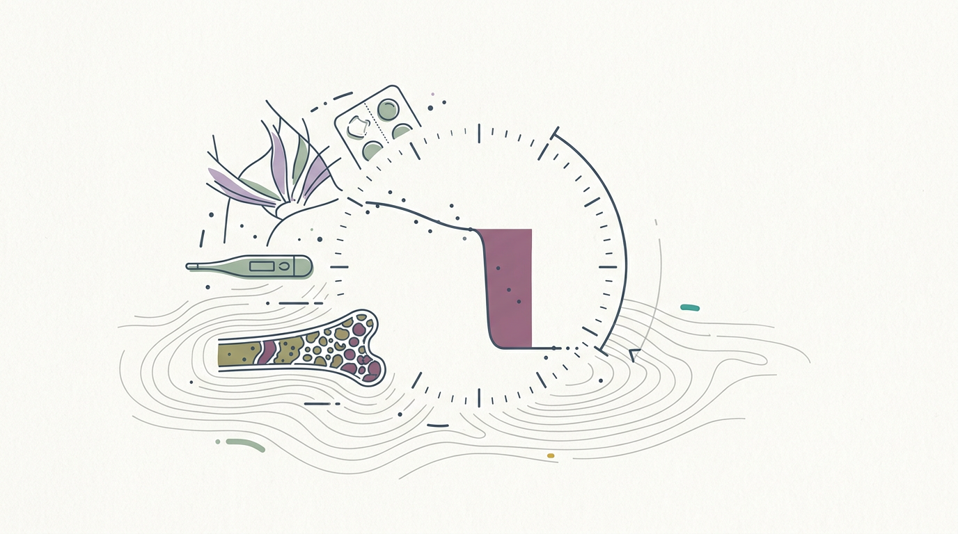 Abstract cream-and-slate line illustration on Kokorology paper, drawn for Study maps menopause onset to a specific 12-month period