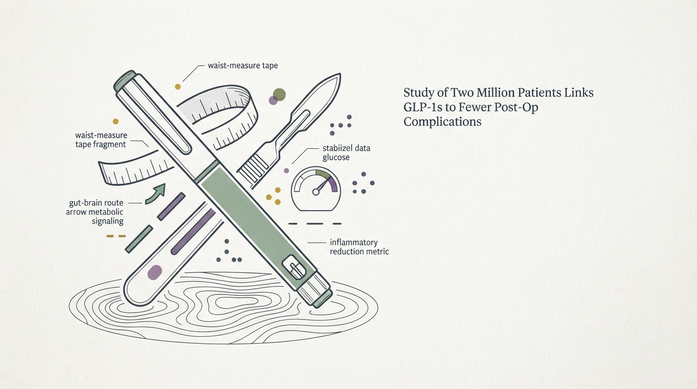 Abstract cream-and-slate line illustration on Kokorology paper, drawn for Study of Two Million Patients Links GLP-1s to Fewer Post-Op Complications