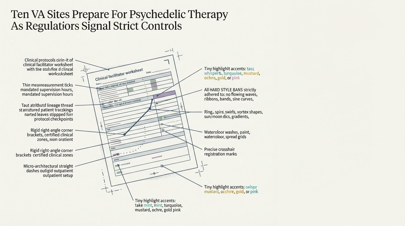 Abstract cream-and-slate line illustration on Kokorology paper, drawn for Ten VA Sites Prepare For Psychedelic Therapy As Regulators Signal Strict Controls
