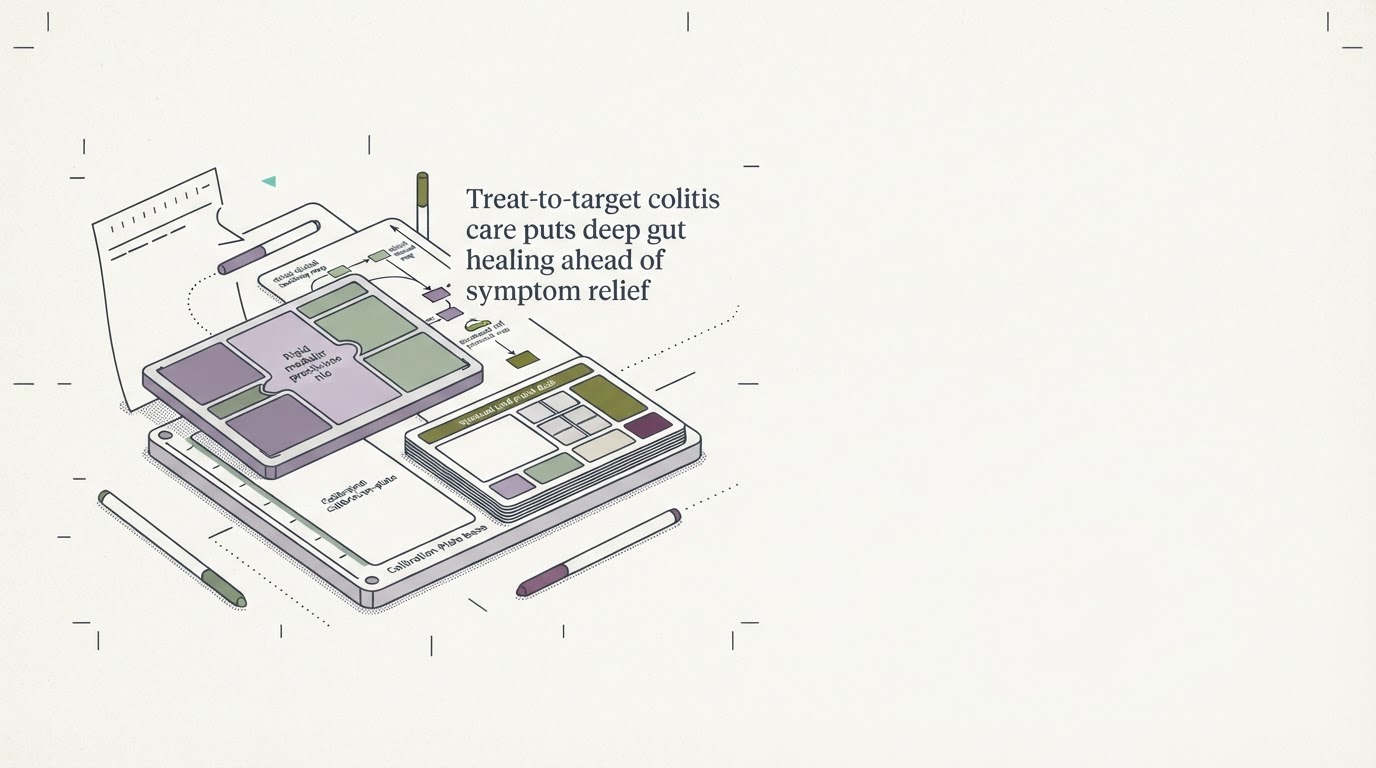 Abstract cream-and-slate line illustration on Kokorology paper, drawn for Treat-to-target colitis care puts deep gut healing ahead of symptom relief