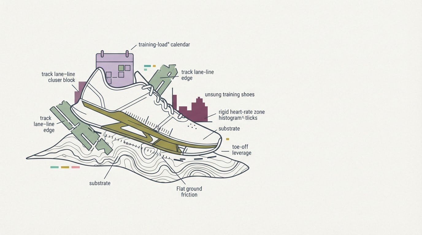 Abstract cream-and-slate line illustration on Kokorology paper, drawn for Unsung launches carbon-plated training shoe built for Hyrox demands