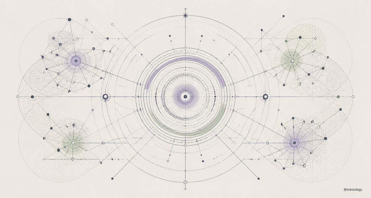 Abstract cream-and-slate line illustration on Kokorology paper, drawn for Everything is nervous system