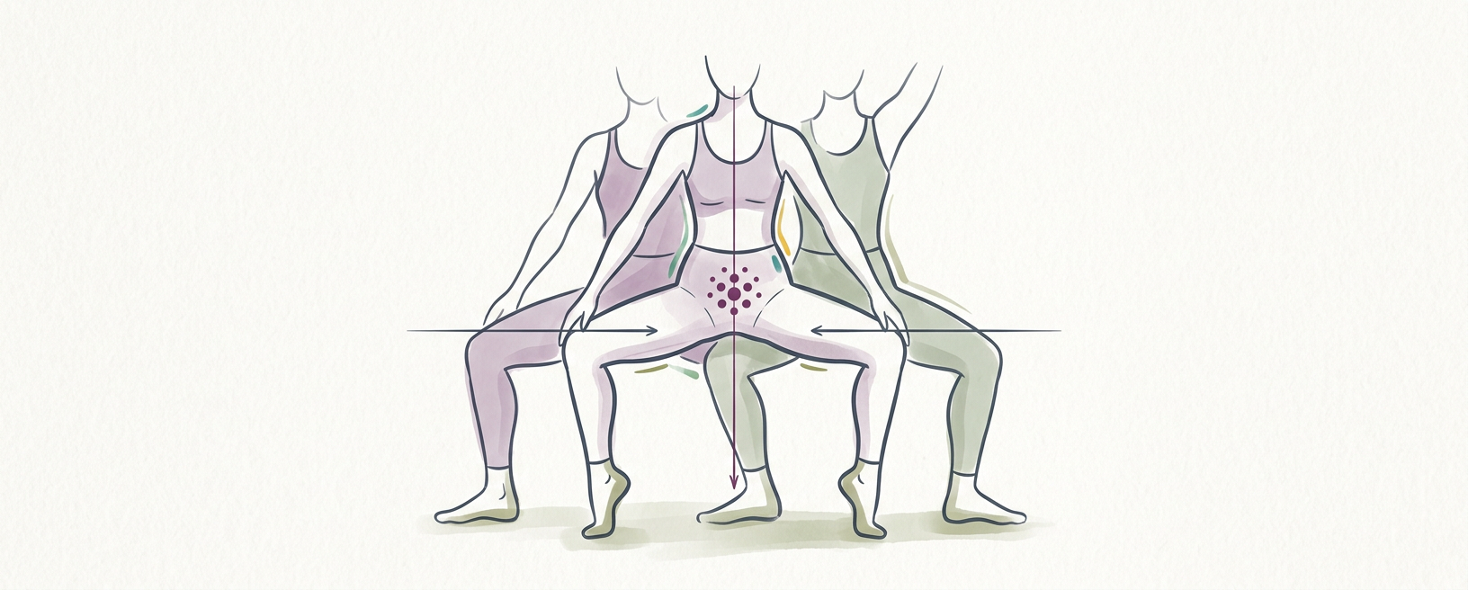 Abstract cream-and-slate line illustration on Kokorology paper, drawn for Barre Second Position Plié for Pelvic Stability