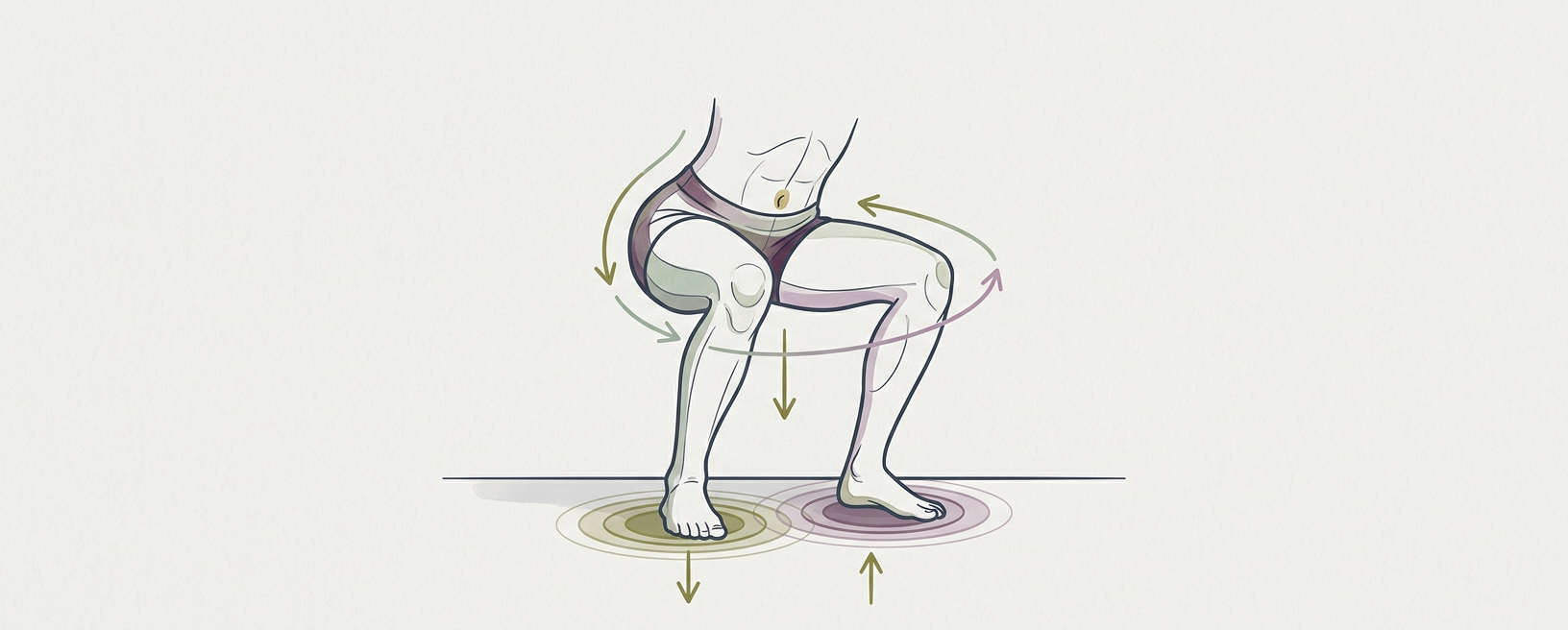 Abstract cream-and-slate line illustration on Kokorology paper, drawn for Bodyweight Squat for Grounding and Resilience
