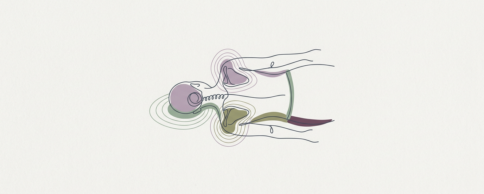Abstract cream-and-slate line illustration on Kokorology paper, drawn for Cervical Rotation in Supine, Attention to Scapula