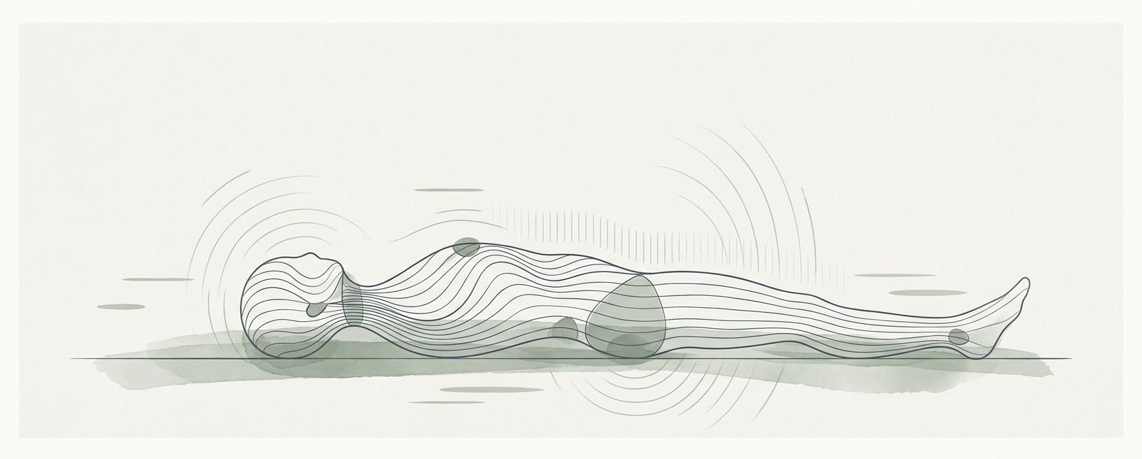 Abstract cream-and-slate line illustration on Kokorology paper, drawn for Constructive Rest for Head, Neck, and Back Release