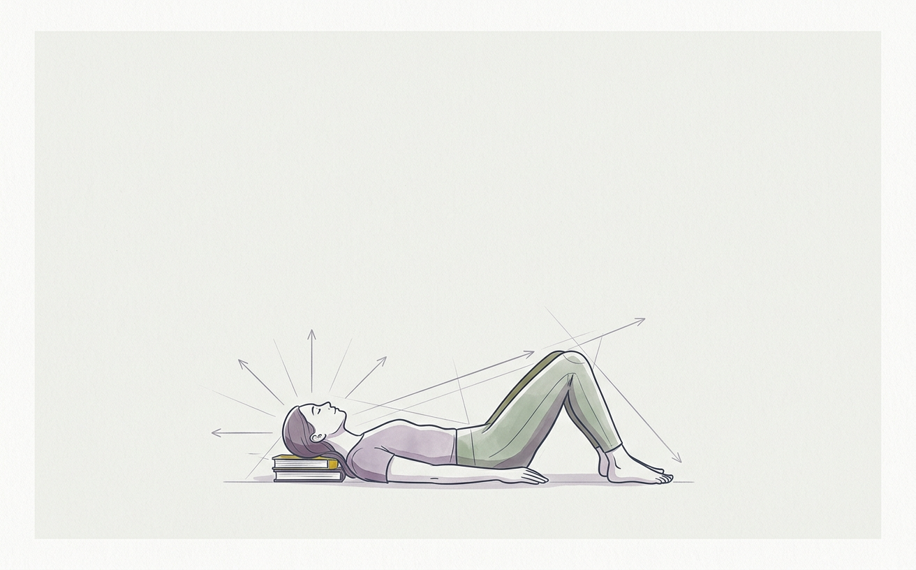 Abstract cream-and-slate line illustration on Kokorology paper, drawn for Constructive Rest (Semi-Supine) with Directional Thinking