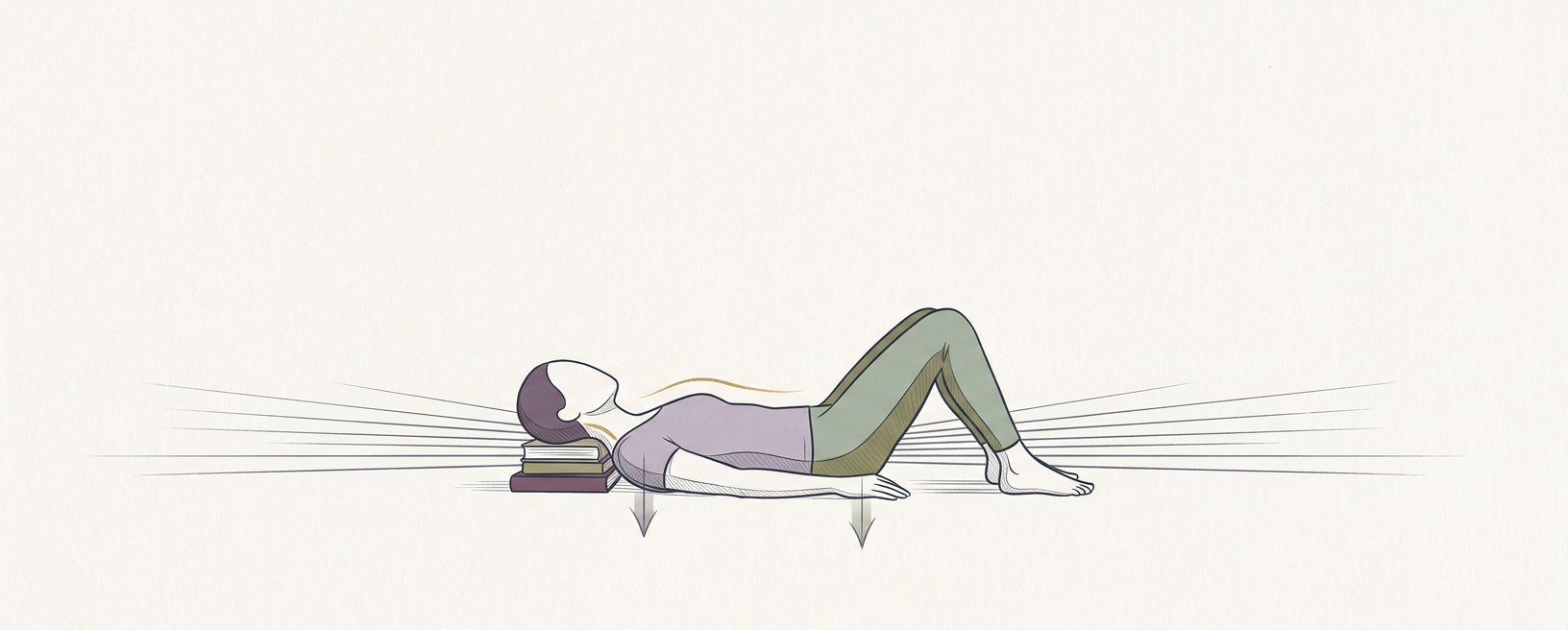 Abstract cream-and-slate line illustration on Kokorology paper, drawn for Constructive Rest (Semi-Supine)