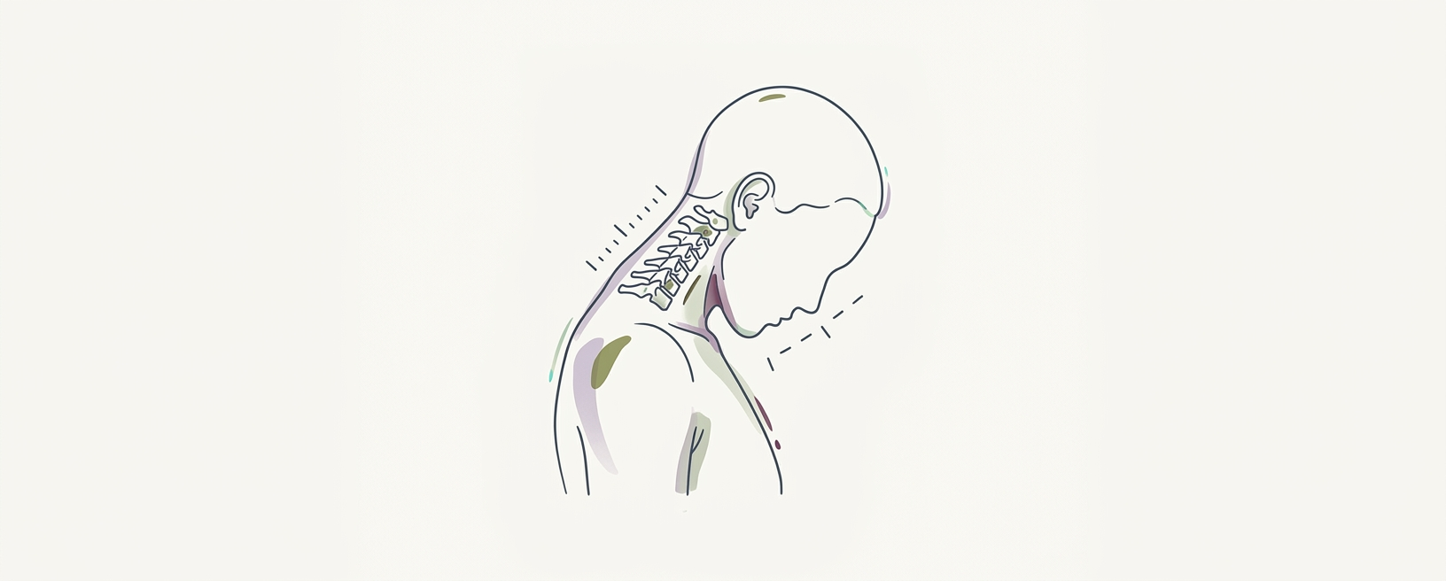 Abstract cream-and-slate line illustration on Kokorology paper, drawn for Controlled Articular Rotation of the Neck