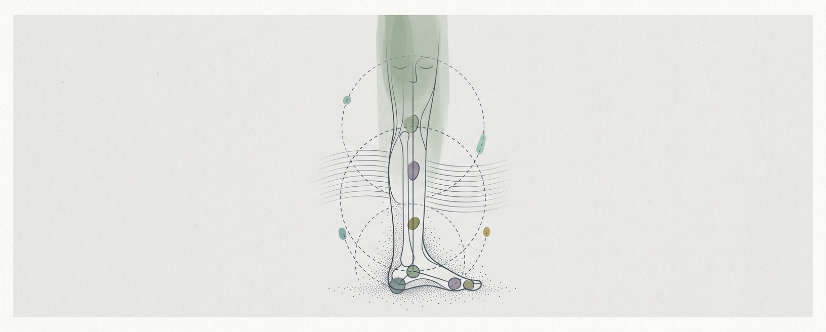 Abstract cream-and-slate line illustration on Kokorology paper, drawn for Dynamic Single-Leg Balance with Visual Occlusion