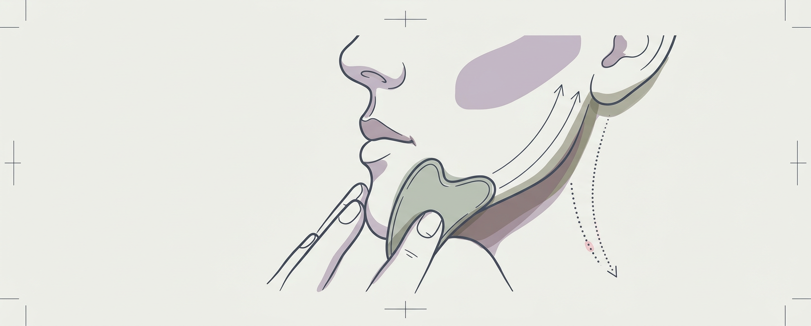 Abstract cream-and-slate line illustration on Kokorology paper, drawn for Jaw Line Release with Gua Sha