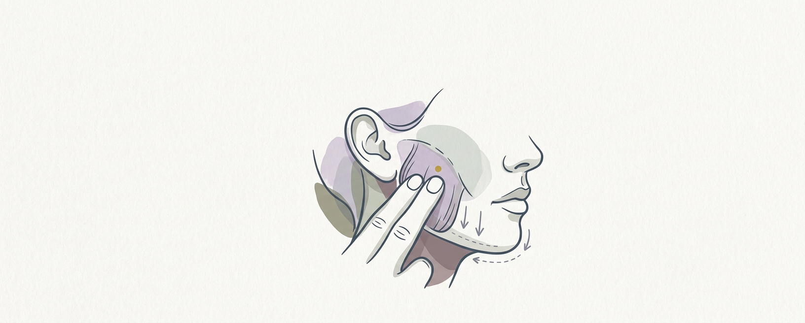 Abstract cream-and-slate line illustration on Kokorology paper, drawn for Jaw Release with Manual Traction