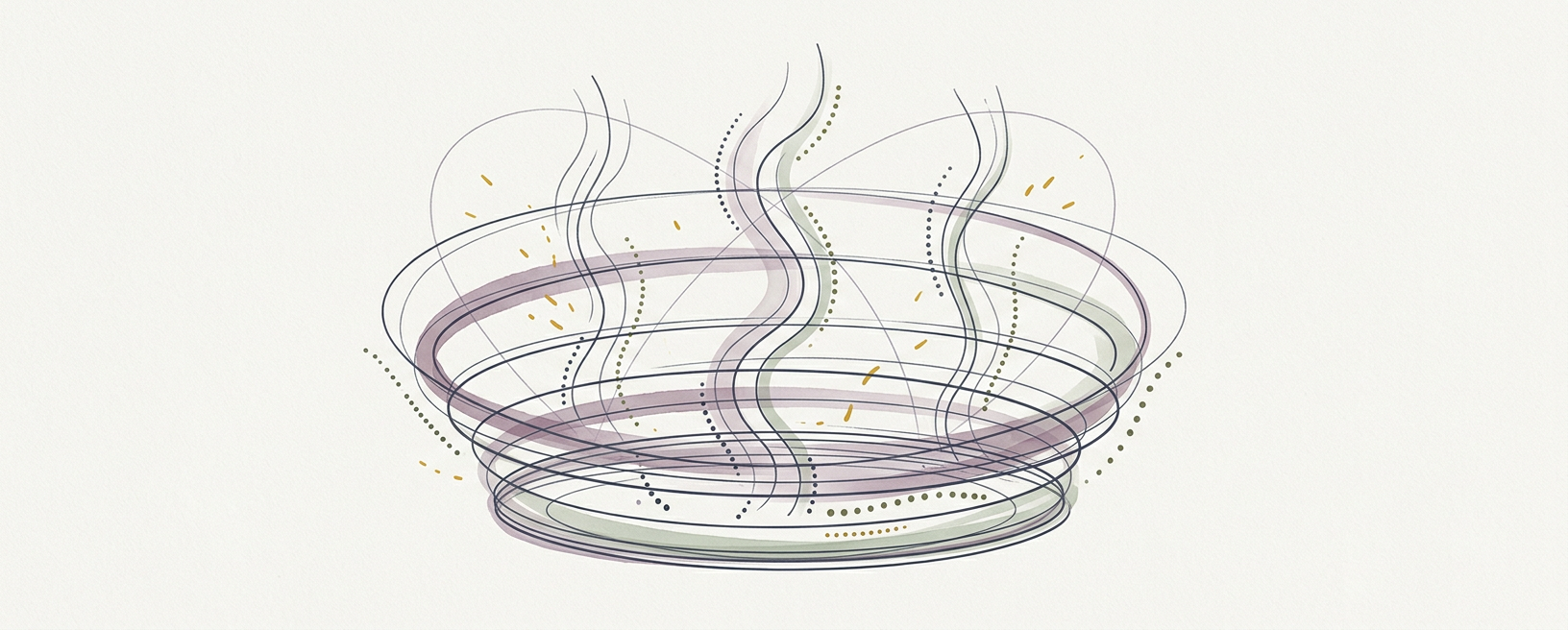Abstract cream-and-slate line illustration on Kokorology paper, drawn for Lymphatic Rebound Sequence for Vestibular and Visceral Reset