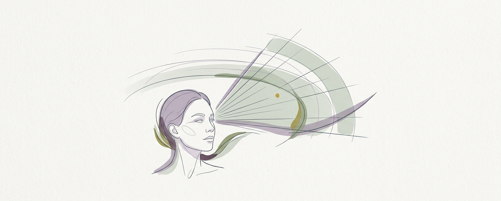Abstract cream-and-slate line illustration on Kokorology paper, drawn for Orienting: The Panoramic Scan