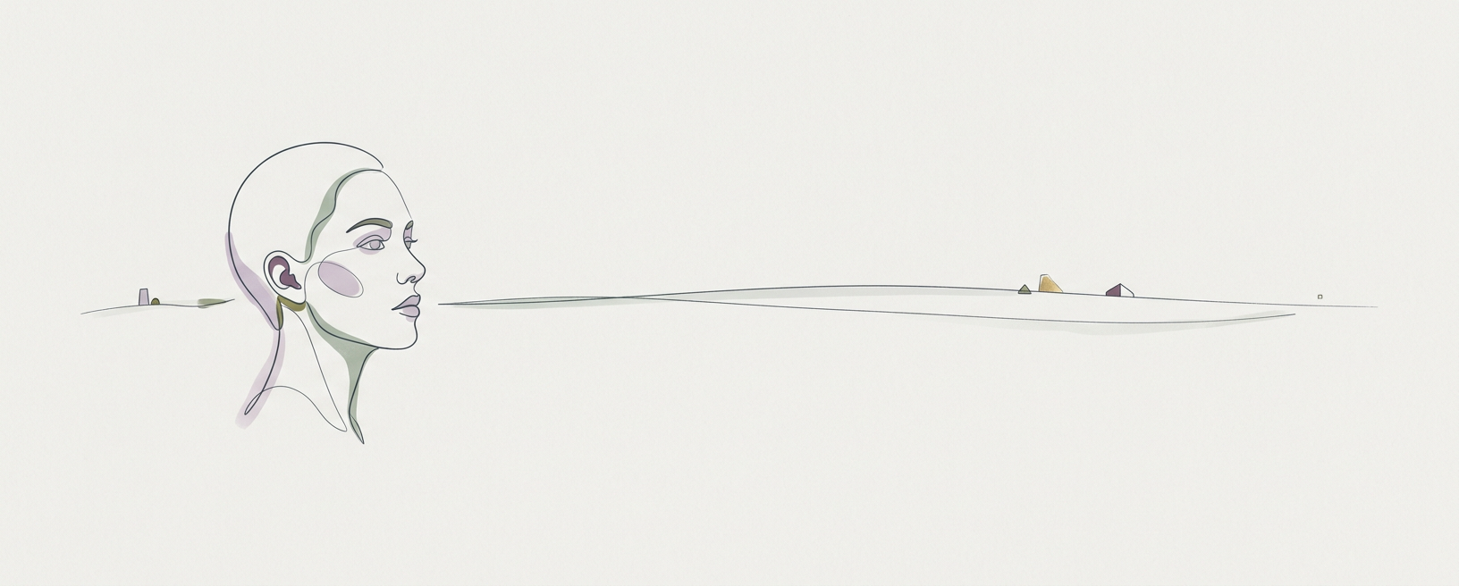 Abstract cream-and-slate line illustration on Kokorology paper, drawn for Orienting Response