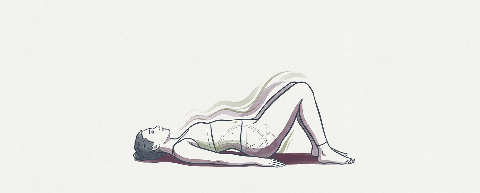 Abstract cream-and-slate line illustration on Kokorology paper, drawn for Pelvic Clock for Spinal Freedom