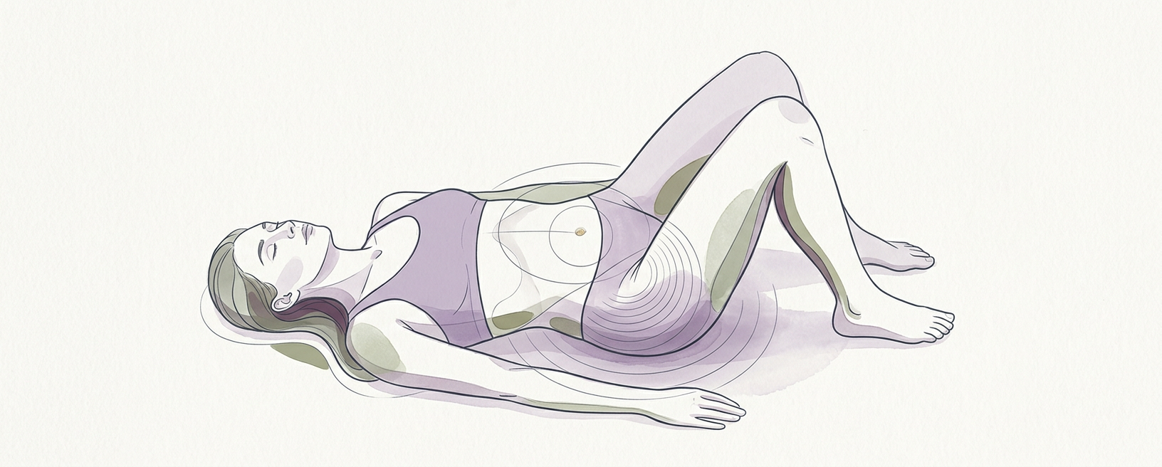 Abstract cream-and-slate line illustration on Kokorology paper, drawn for Pelvic Clock in Supine