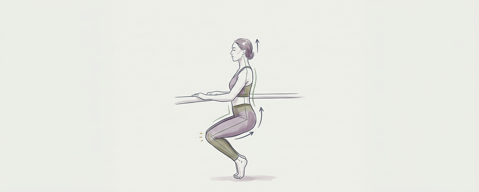 Abstract cream-and-slate line illustration on Kokorology paper, drawn for Plié pulses at the barre for pelvic floor and posture