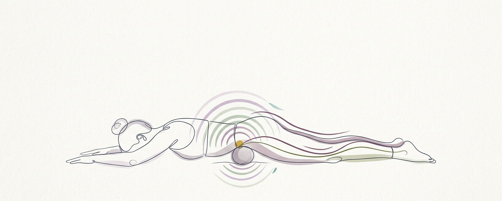 Abstract cream-and-slate line illustration on Kokorology paper, drawn for Psoas release for hip flexor lengthening