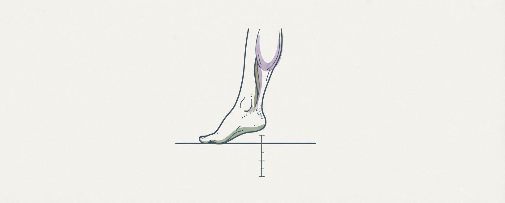 Abstract cream-and-slate line illustration on Kokorology paper, drawn for Single leg eccentric heel drop for tendon remodeling and motor control