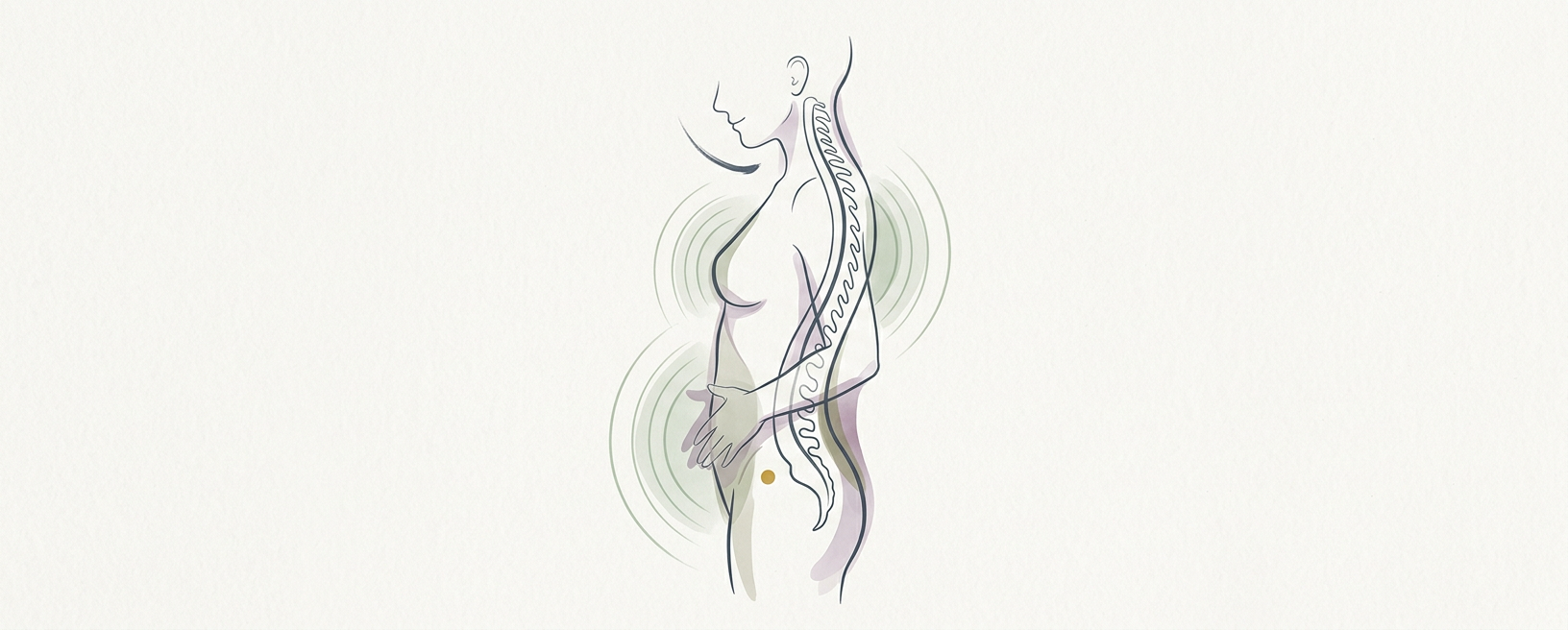 Abstract cream-and-slate line illustration on Kokorology paper, drawn for Spinal Cord Breathing (Inner Smile variant)