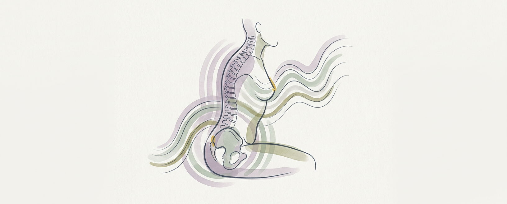 Abstract cream-and-slate line illustration on Kokorology paper, drawn for Spinal Wave Arch and Curl for Pelvic Rhythm
