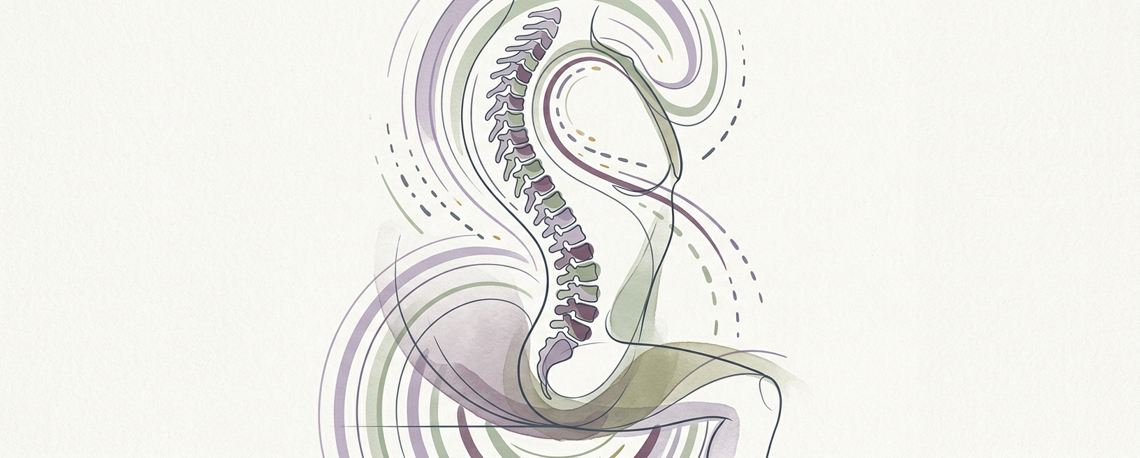Abstract cream-and-slate line illustration on Kokorology paper, drawn for Spinal Wave Arch and Curl for Pelvic Rhythm