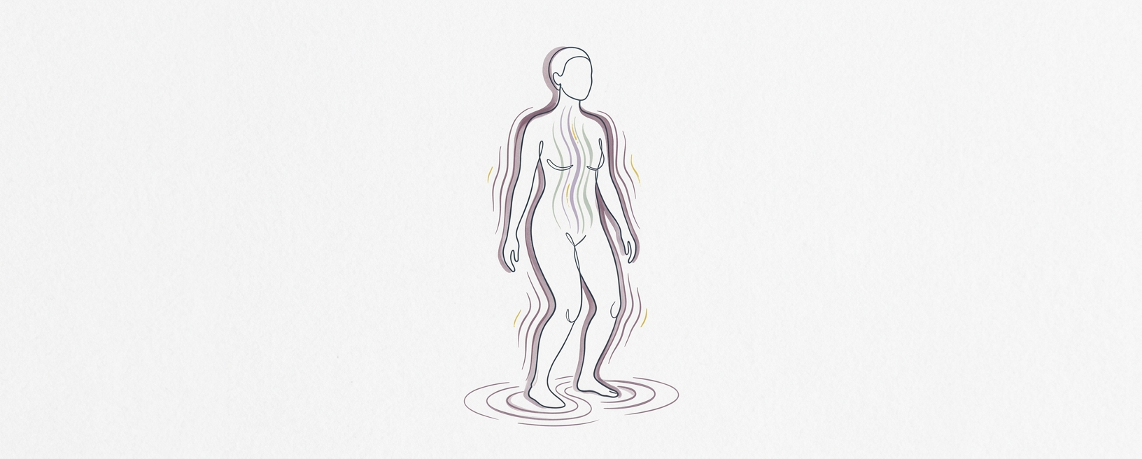 Abstract cream-and-slate line illustration on Kokorology paper, drawn for Spontaneous Shaking Qi Gong