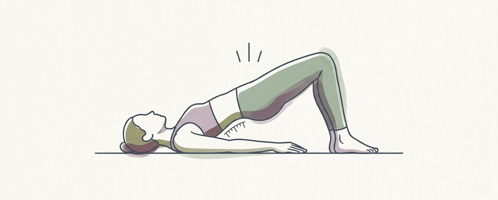Abstract cream-and-slate line illustration on Kokorology paper, drawn for Supine Pelvic Curl for Core Integration