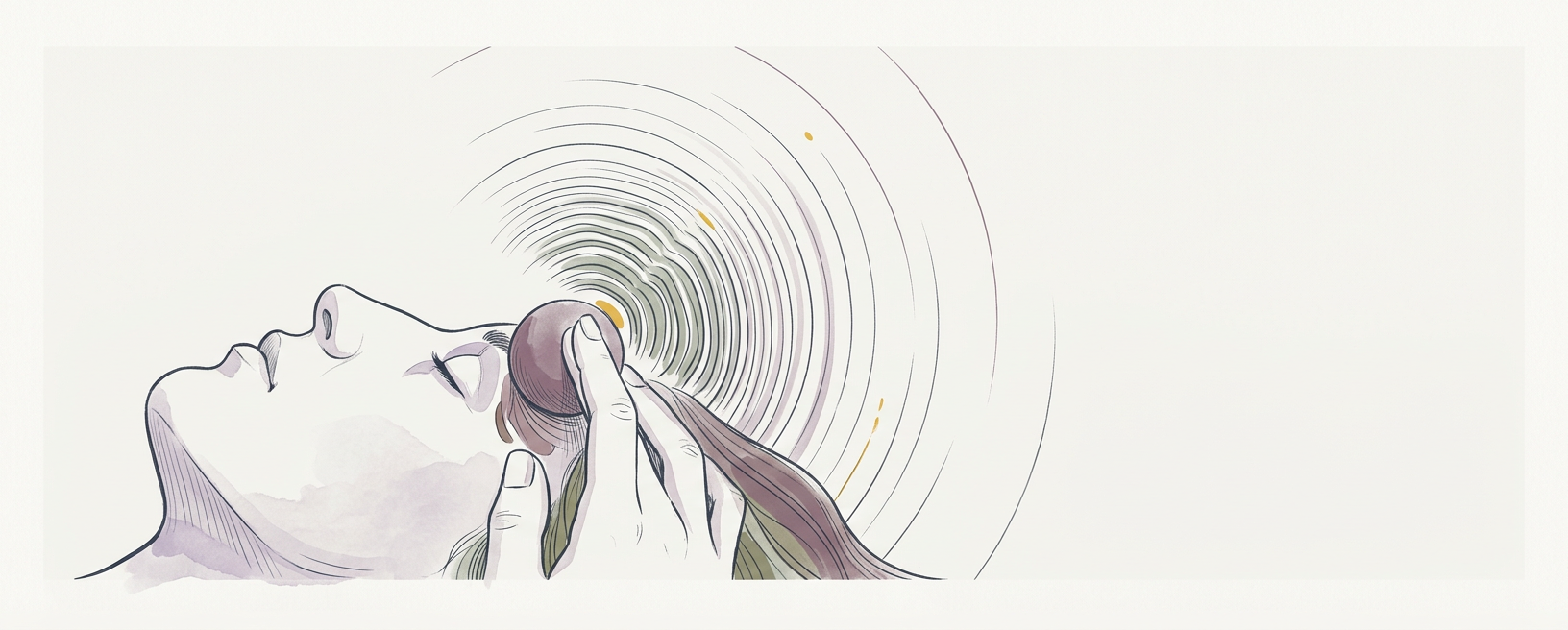 Abstract cream-and-slate line illustration on Kokorology paper, drawn for Temporal Fascia Release for Cranial Softness