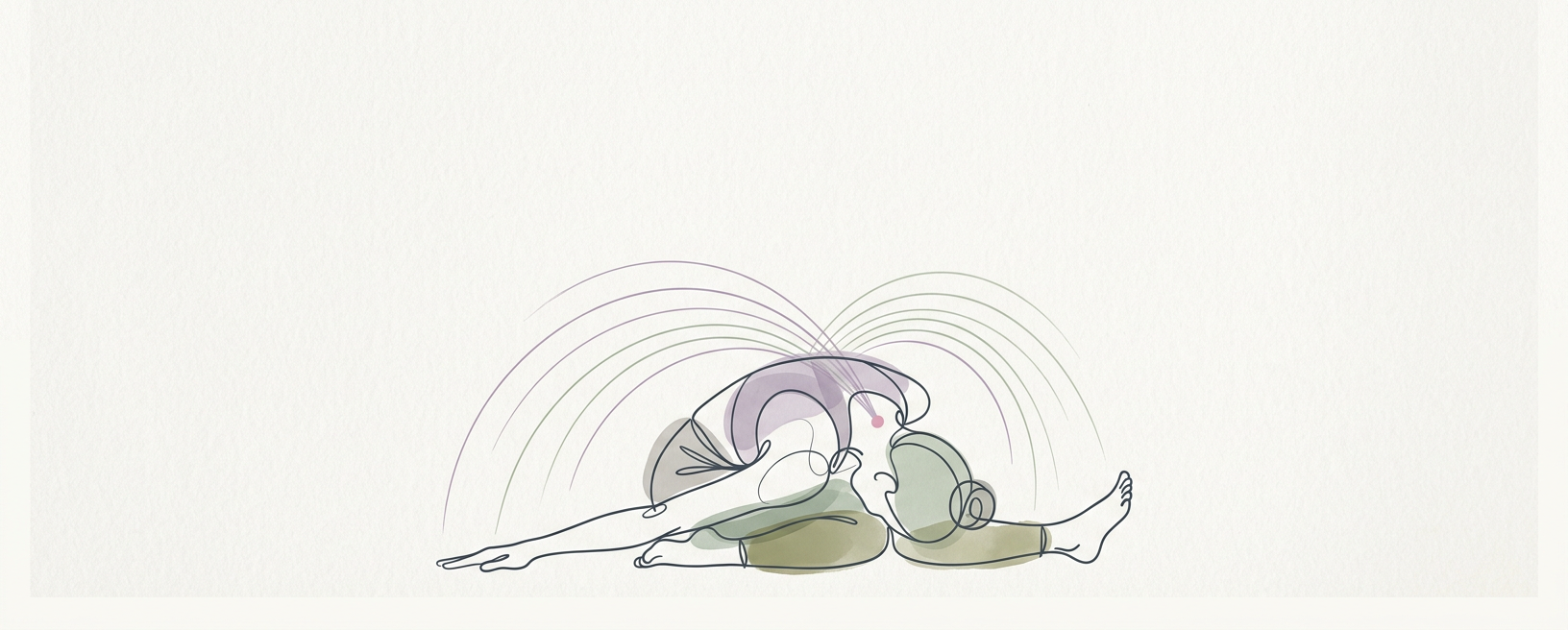 Abstract cream-and-slate line illustration on Kokorology paper, drawn for Thread the Needle for Deep Thoracic Release