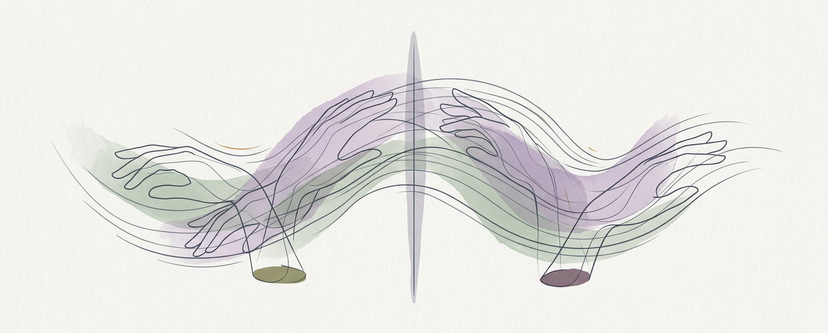 Abstract cream-and-slate line illustration on Kokorology paper, drawn for Wave Hands Like Clouds for Centered Movement