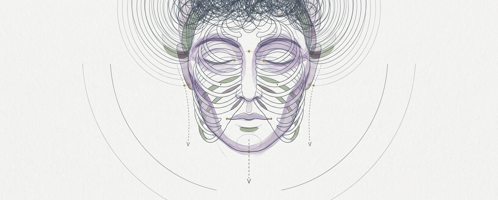 Abstract cream-and-slate line illustration on Kokorology paper, drawn for Clear Morning Static and Enhance Cognitive Flow