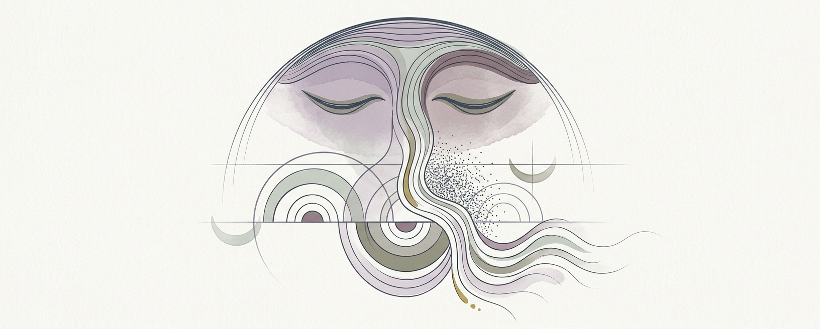 Abstract cream-and-slate line illustration on Kokorology paper, drawn for Mitigate Nausea Static and Re-Calibrate Sensory Input