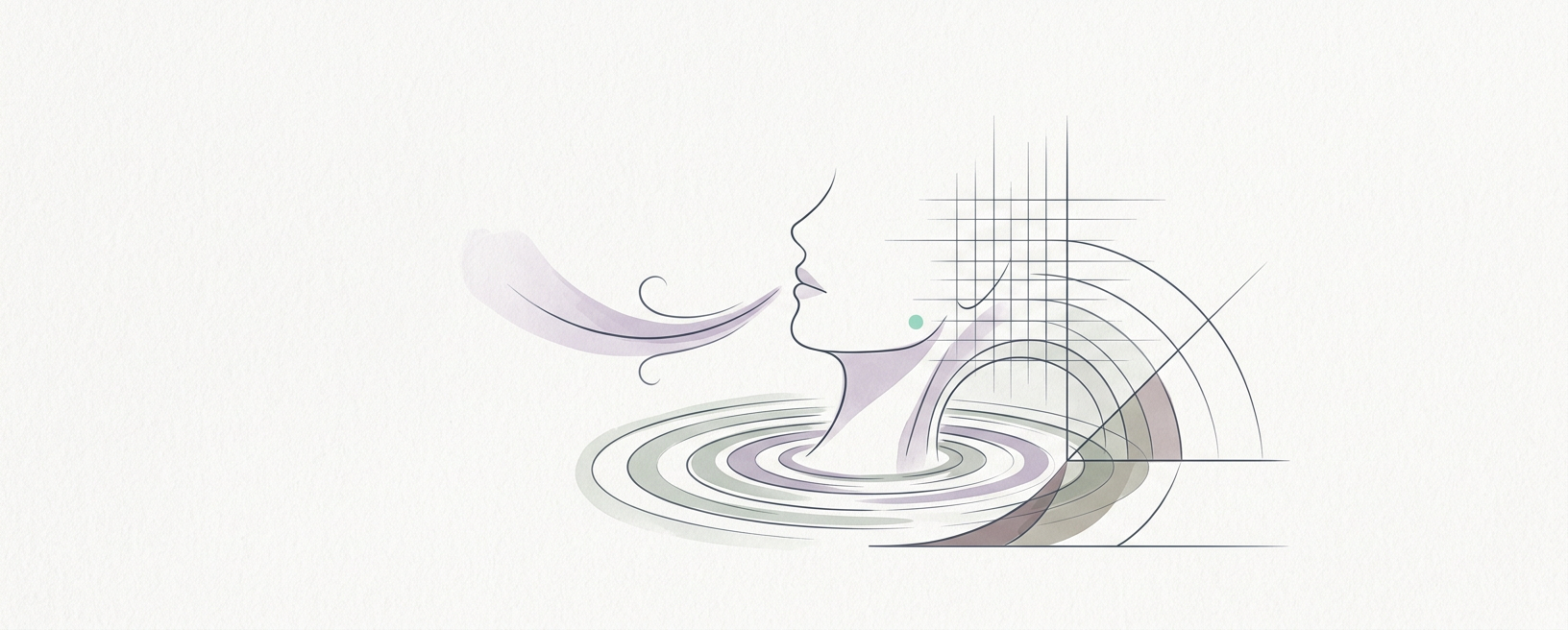 Abstract cream-and-slate line illustration on Kokorology paper, drawn for Post-Feed reset for digital clarity