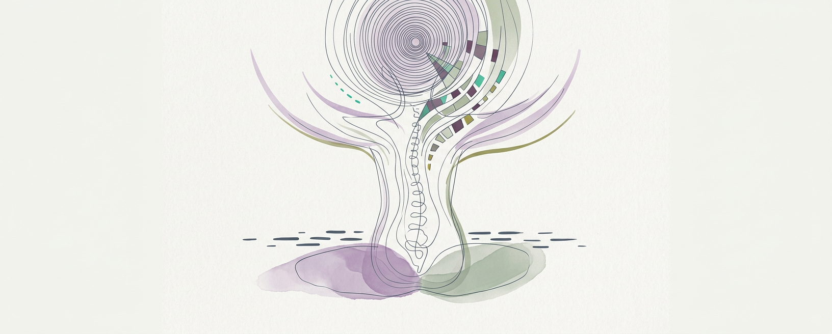 Abstract cream-and-slate line illustration on Kokorology paper, drawn for Recenter Static After Meeting Engagement